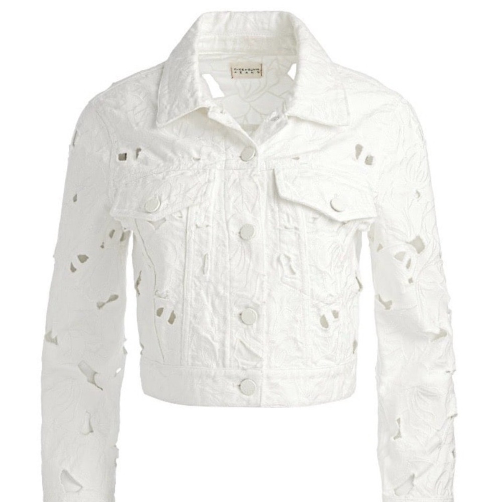 Alice + Olivia White Laser-Cut Cropped Jean Jacket